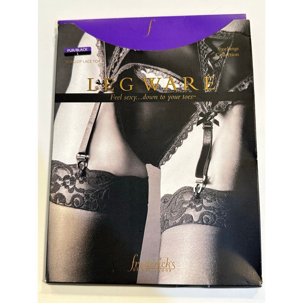 Fredericks of Hollywood Purple Scallop Lace Stockings Thigh High Leg Ware Size L